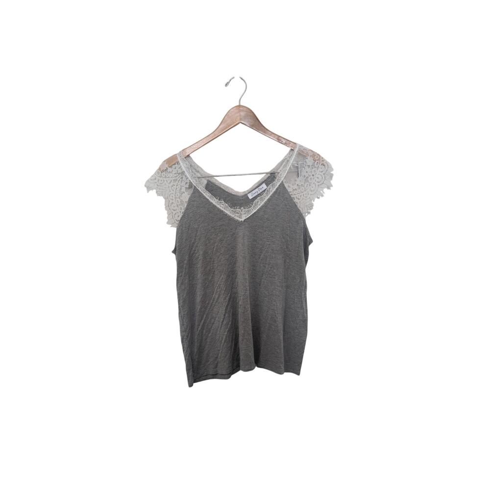 Emory Park Lace Trim Distressed Tee Women’s Medium Boho V-Neck Ivory EUC - Picture 2 of 5